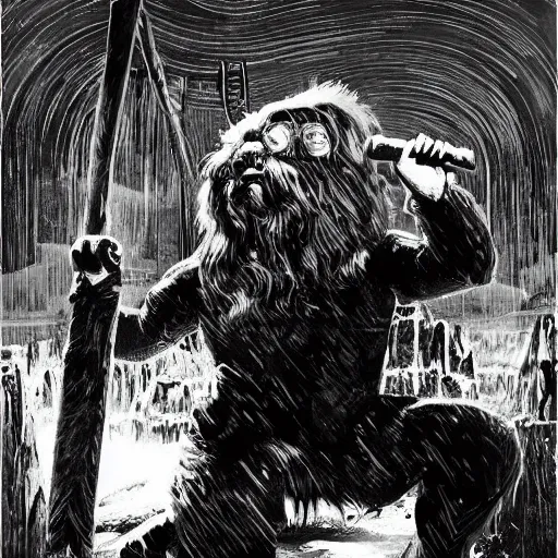 Image similar to norse troll blacksmith with sledgehammer profile portrait half body monochrome portrait hammer cover illustration dramatic kvlt by peder balke by peder balke by guido crepax by norman bluhm mystic high contrast monochromatic norway