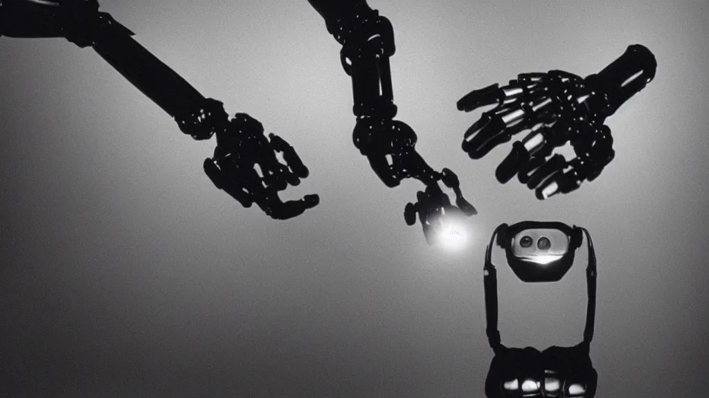 Image similar to movie scene of a robot extending hand, movie still, cinematic composition, cinematic light, by david lynch