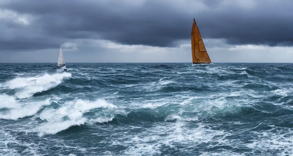 Image similar to ocean landscape with stormy waves and a sailboat in the foreground and a shining island in the background