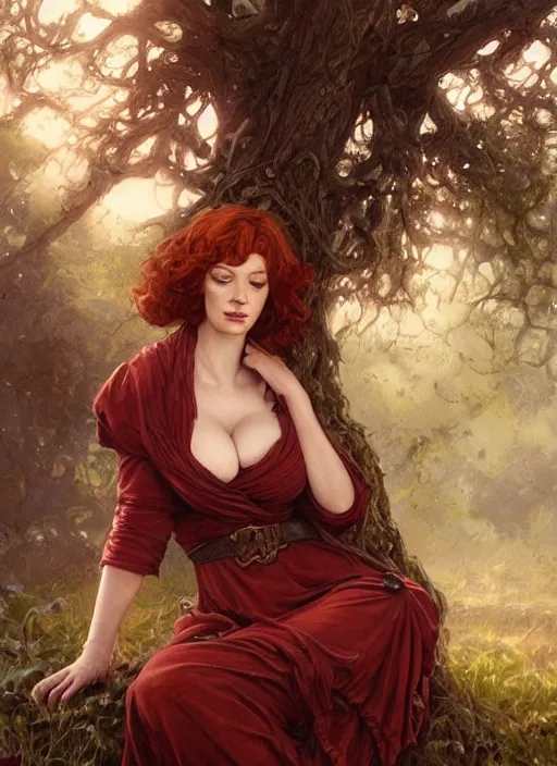 Image similar to tired Christina Hendricks taking a rest under a tree after an long adventure a ruggedly muscled handsome heroine, intricate, elegant, highly detailed, centered, digital painting, artstation, concept art, smooth, sharp focus, illustration, artgerm, donato giancola, Joseph Christian Leyendecker, WLOP, Artgerm, thunder storm