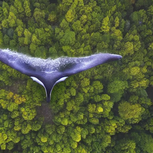 Prompt: a gigantic whale flying in the middle of the forest