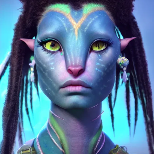 Image similar to portrait of a female na’vi from Avatar, digital art, highly detailed, award winning, concept art, intricate, sharp focus, Trending on Artstation HQ, unreal engine 5, 4K UHD image