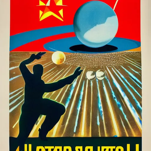 Image similar to soviet propaganda poster of colonization of the solar system