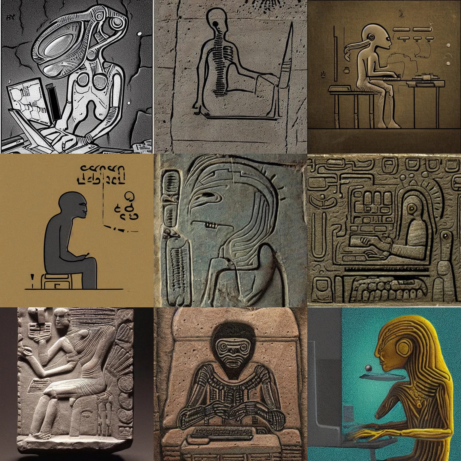 Prompt: an alien working on a computer, ancient mesopotamian stone tablet, hyperrealistic, extremely detailed