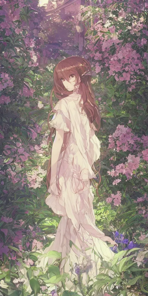 Image similar to a digital art of a loli with long hair in a dress in the privet garden at after noon, green and warm theme, back lighting, by krenz cushart and mucha and akihito yoshida and greg rutkowski and makoto shinkai, geometric shapes, hard edges, extremely long shot, detailed eyes, 4 k resolution, trending on art station