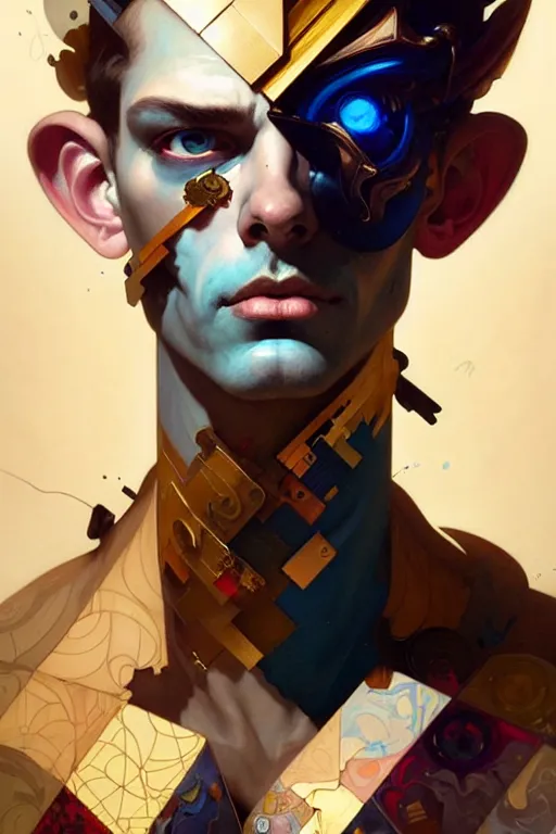 Image similar to portrait, patchwork boy, cyberpunk, elegant baroque, expressive, asymmetrical art, hyperrealism, colorful, vivid, imposing, epic, abstract texture, gold leaf texture, artstation, concept art, by peter mohrbacher and wlop and rhads and artgerm and magali villeneuve and alphonse mucha