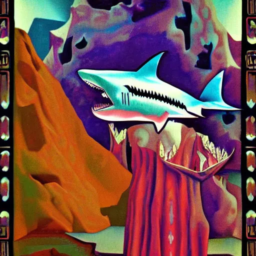 Image similar to 1920's psychedlic fractal mountain range disk shark bush tote meat , by Ilya Kuvshinov and Johannes Vermeer and Hieronymus Bosch , 8K , speedpainting , groovy