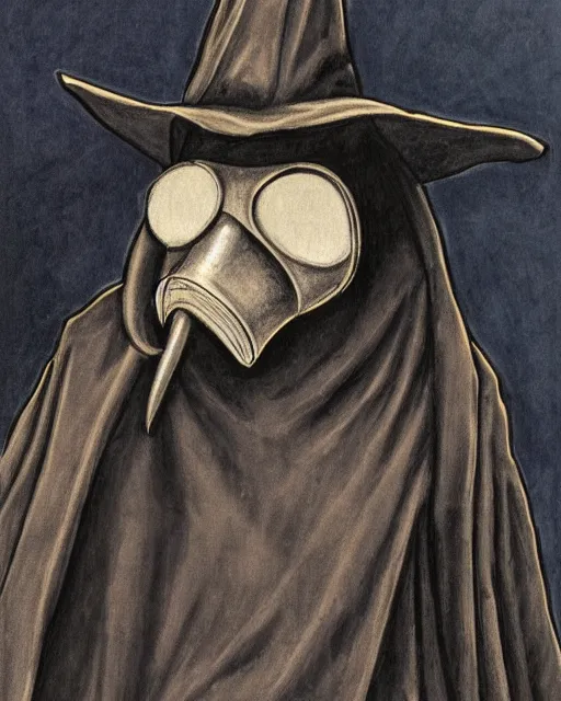 Prompt: portrait a plague doctor holding his mask, mask in hand, black robes, detailed art by greg rukowtski