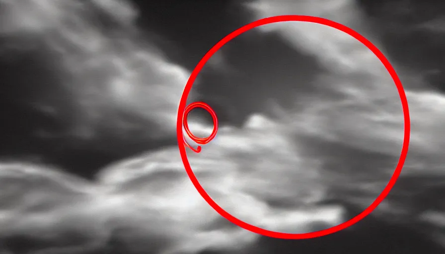 Image similar to 2 0 0 8 nokia flipphone footage of marian apparition, marian apparitions distant in clouds, red line circle drawn around subject, jpg damage