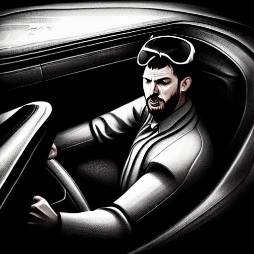 Prompt: man in black inside of a car, stylized, artstation, hd, cgsociety, cgi, digital illustrations and arts, realistic, dramatic, cinematic, artistic, trending, creative, detailed