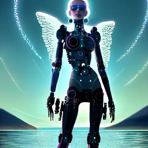 Prompt: ellen paige as a beautiful cyborg - angel girl standing on a lake, rainfall, biomechanical details, digital cyberpunk anime art, full body shot, reflections, lens flare, promotional poster, wlop, ilya kuvshinov, artgerm, krenz cushart, greg rutkowski