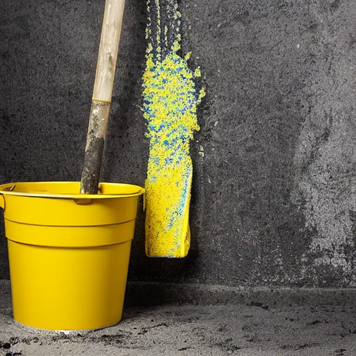 Prompt: slushy made out of grayish brown dirty water, next to a yellow bucket and mop, flash photography