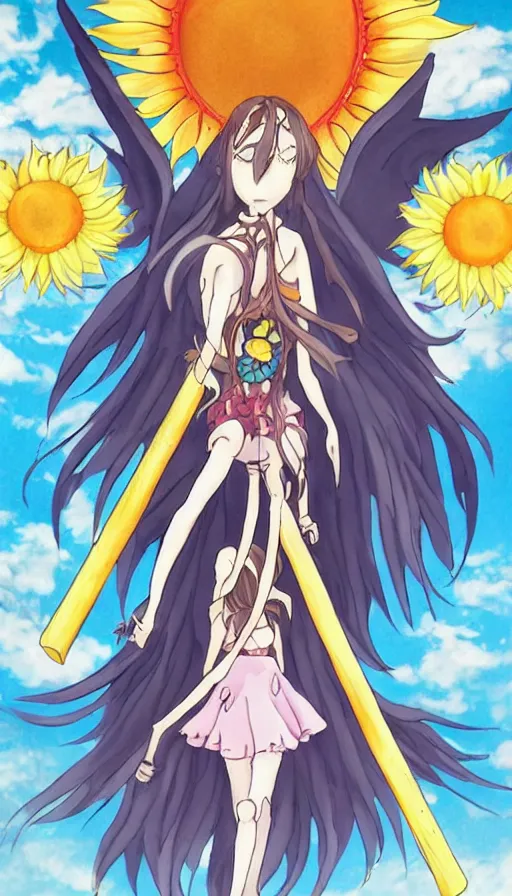 Image similar to the being death as a cute anime girl with a giant cute sun flower scythe from a studio ghibli film inspired by the death tarot card