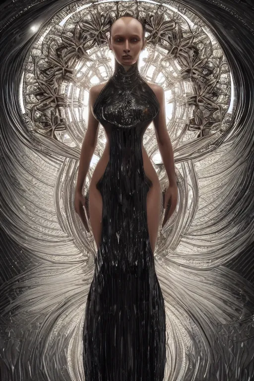 Image similar to a portrait of a beautiful ancient alien woman goddess bella hadid deity standing in iris van herpen dress in diamonds and fractals in style of alphonse mucha art nuvo dmt trending on artstation made in unreal engine 4