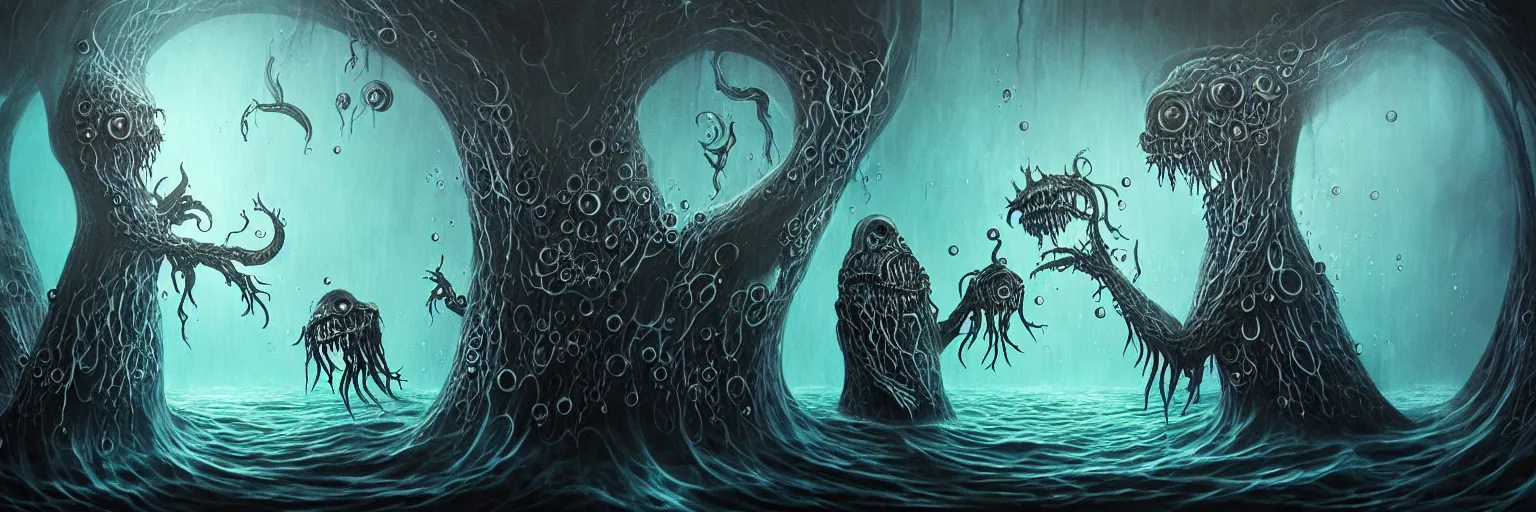 Image similar to whimsical watery alchemical monsters, surreal dark uncanny painting by ronny khalil