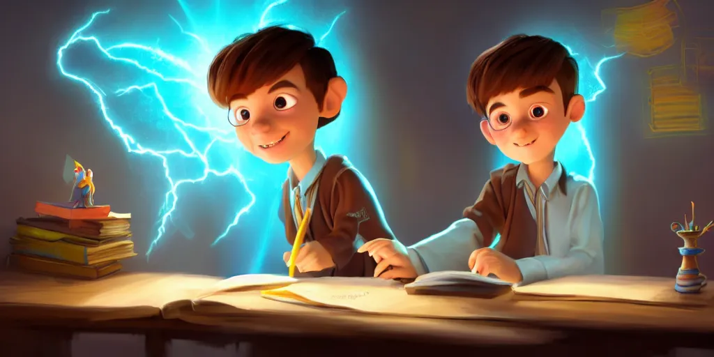 Image similar to a young boy wizard with brown hair and is standing at his desk working on a new spell that is casting out flowing energy, colorful, flowing energy, light rays, consistent face, medium shot, waist up, pixar and disney animation, sharp, concept art, highly detailed, trending on artstation, bloom, dramatic lighting, cinematic