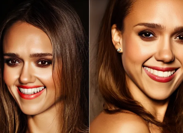 Prompt: a closeup, 4 5 mm, detailed photograph of a woman with a seductive smile half jessica alba half nathalie portman half scarlett johansson, beautiful low light, 4 5 mm, by franz lanting