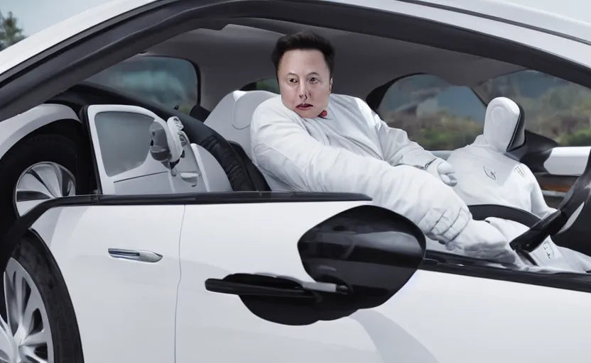 Image similar to elon musk driving a car with a white robot sitting besides him, unreal engine, 4k, 8k