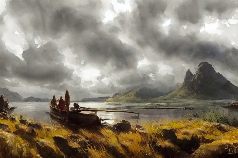 Prompt: watercolor painting of rustic view, viking age, scandinavian mythology, magical, ambient lighting, art by hans gude, art by hans dahl, by jesper ejsing, art by anders zorn, wonderful masterpiece by greg rutkowski, cinematic light, american romanticism by greg manchess, creation by tyler edlin, heavy clouds and sun