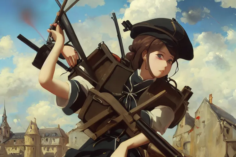 Image similar to baroque oil painting of anime key visual concept art of anime maid committing war crimes with rifle 1 9 4 0 during occupation of france colorized, trending on artstation, brush strokes, oil on canvas, style of makoto shinkai and greg rutkowski and studio ghibli