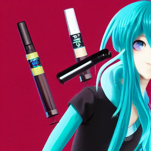 Image similar to hatsune miku smoking weed with a vape pen, smoke coming out of her mouth, bloodshot eyes, artstation, 4 k