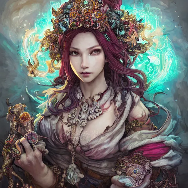 Prompt: the portrait of chaotic good female druid alchemist as absurdly beautiful, gorgeous, elegant, young gravure idol, an ultrafine hyperdetailed illustration by kim jung gi, irakli nadar, intricate linework, sharp focus, bright colors, octopath traveler, final fantasy, unreal engine 5 highly rendered, global illumination, radiant light, detailed and intricate environment