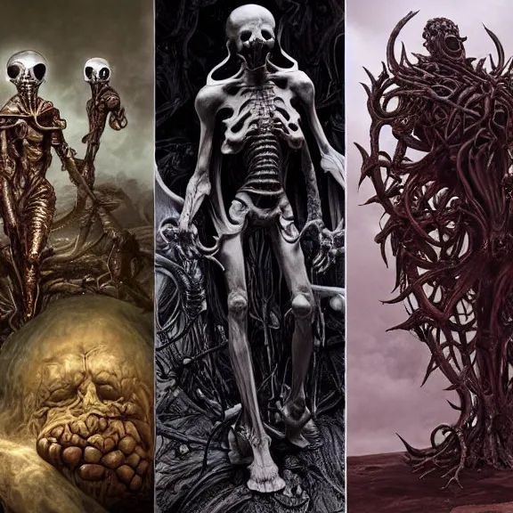 Image similar to still frame from Prometheus by Giger, bone lich God Dr doom by Wayne Barlowe by peter Mohrbacher, dressed by Alexander McQueen and by Neri Oxman, metal couture editorial