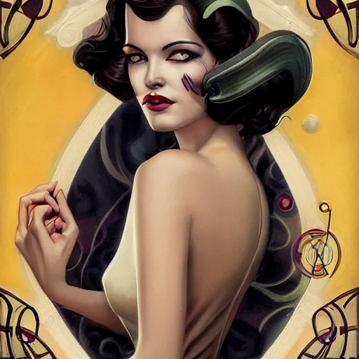 Image similar to an art nouveau, ( streamline moderne ), multi - racial portrait in the style of anna dittmann and charlie bowater and clyde caldwell. very large, clear, expressive, and intelligent eyes. symmetrical, centered, ultrasharp focus, dramatic lighting, photorealistic digital matte painting, intricate ultra detailed background.