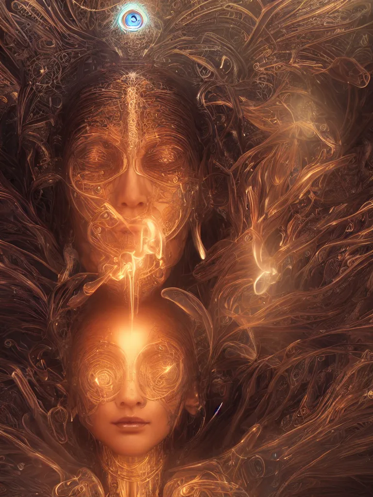 Prompt: an ancient mystical alluring female shaman generating flowing energy and surrounded by wisps of incense smoke sits meditating in a magical cybernetic robot temple, face face face, by karol bak and artgerm, 3 d, cinema 4 d render, trending on artstation