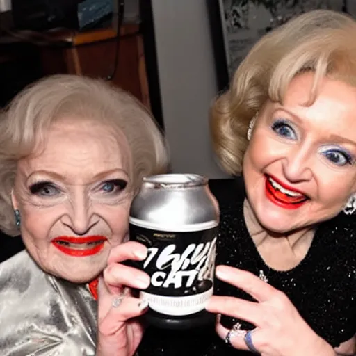 Image similar to betty white drinking white claw with miley cyrus