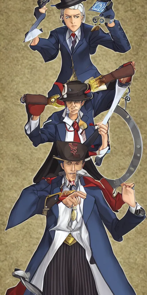 Image similar to the judge from Ace Attorney with a scale in one hand. Tarot card Justice