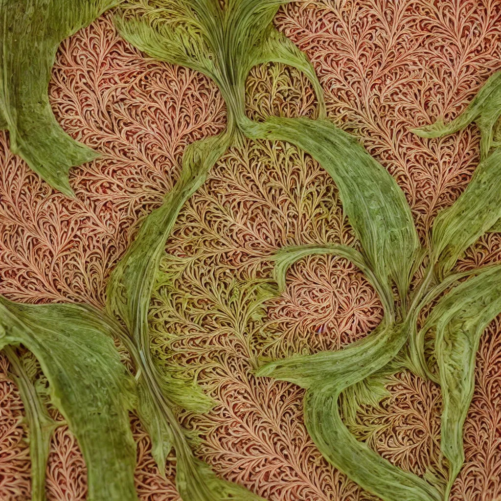 Image similar to circular fractal bananas that grow like coral, inside art nouveau embroidered plate with petal shape, big leaves and stems, roots. closeup, hyper real, food photography, high quality