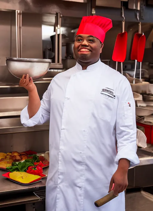 Image similar to portrait photo still of real life school chef jerome mcelroy fat with red shirt and apron and chef hat in school cafeteria holding a ladel, 8 k, 8 5 mm, f. 1 4