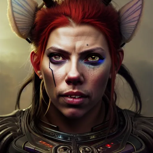 Image similar to portrait painting of a cyberpunk orc shaman extremely muscular ugly scarlett johansson with bad teeth, ultra realistic, concept art, intricate details, eerie, highly detailed, photorealistic, octane render, 8 k, unreal engine. art by artgerm and greg rutkowski and charlie bowater and magali villeneuve and alphonse mucha