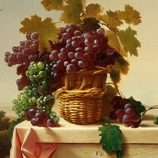 Prompt: a still life with grapes by jan van huysum