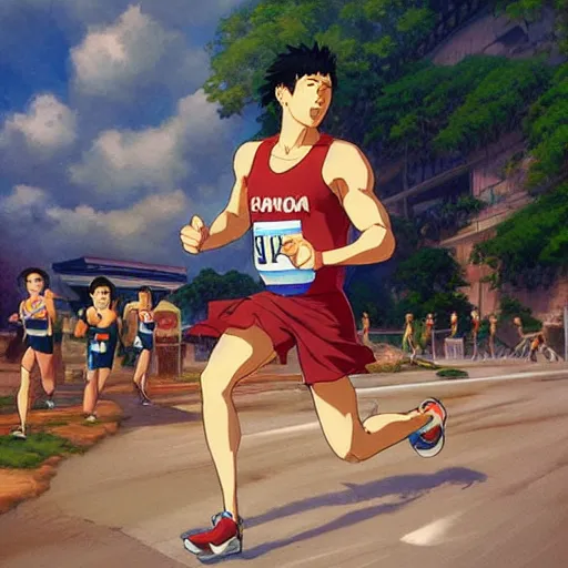 Image similar to portrait of a olympic games champion running, an oil painting by ross tran and thomas kincade, studio ghibli