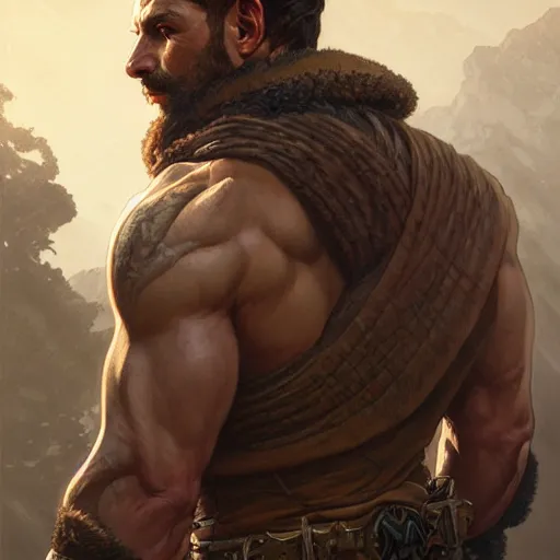 Image similar to portrait of the back of rugged male ranger, masculine, D&D, muscular, fantasy, intricate, elegant, highly detailed, digital painting, artstation, concept art, smooth, sharp focus, illustration, art by artgerm and greg rutkowski and alphonse mucha