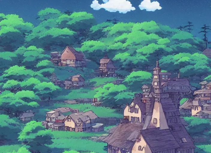 Prompt: a happy little village from kikis delivery service, wide shot, peaceful and serene, incredible perspective, anime scenery by Makoto Shinkai and studio ghibli, very detailed