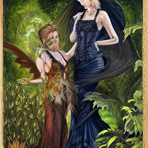 Prompt: blonde butch tomboy woman engineer standing beside taller dark fae feathered modest gothic woman, in a beautiful lush garden at night, falling in love, highly detailed, romantic, trending on art station, illustration, oil painting