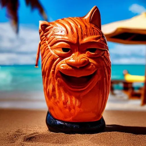 Image similar to a closeup photorealistic photograph of a glossy orange cat garfield style tiki mug sitting at a trader vic's beach bar featuring garfield's face. tiki theme. bright scene. fine detail. this 4 k hd image is trending on artstation, featured on behance, well - rendered, extra crisp, features intricate detail, epic composition and the style of unreal engine.