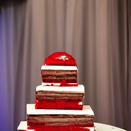 Image similar to 4 stage wedding cake knife slice with blood dripping from the slice in a salvador dali style