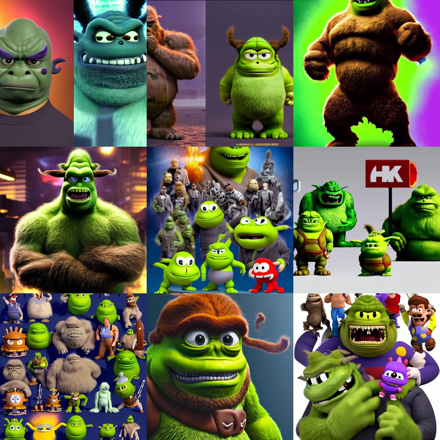 Prompt: arnold schwarzenegger godzilla yoda donkey kong pikachu yeti shrek super mario homer groot waluigi darth vader mike wazowski, highly detailed, extremely high quality, hd, 4 k, 8 k, professional photographer, 4 0 mp, lifelike, top - rated, award winning, cinematic, realistic, detailed lighting, detailed shadows, sharp, no blur, edited, corrected, trending