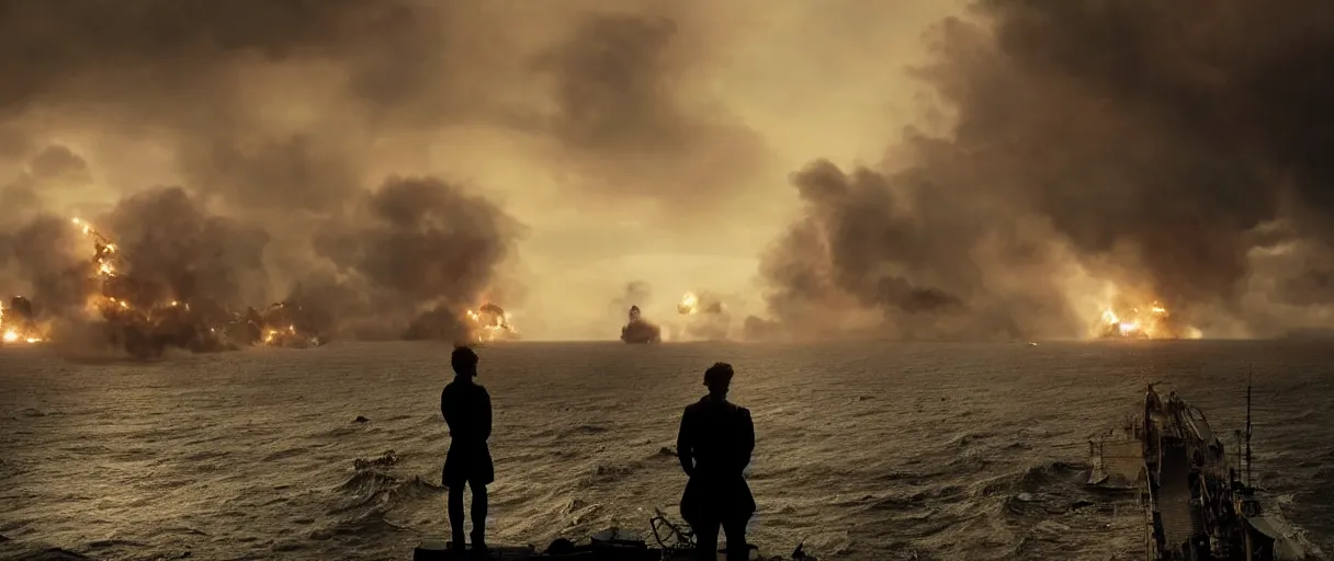 Image similar to a pirate standing on his ship watching big explosions on the sea, beautiful dramatic moody lighting, cinematic atmosphere, high detail, 8k, ornate, dark fantasy, masterpiece, complex, film still from the movie directed by Denis Villeneuve with art direction by Gregory Crewdson, Joel Sternfeld