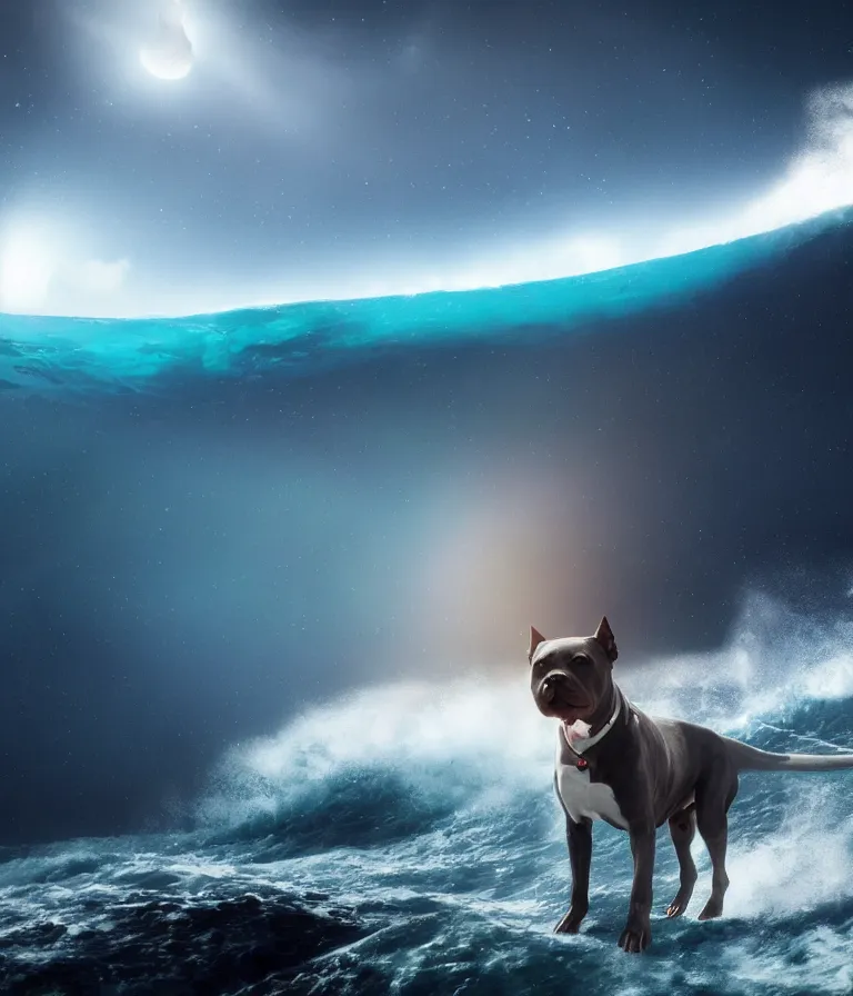 Image similar to photo of a dark gray coat pit bull with a white paws and a white nose!, trending on artstation surfing on a surfboard in a crashing wave of alien ocean in space, background is an alien galaxy, aliens in the background, alien colors, octane render, unreal engine, wide view, 8 k, highly detailed