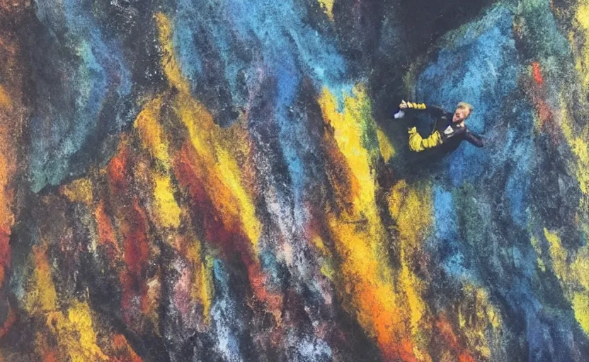 Image similar to Captain Kirk is climbing a mountain; why is he climbing a mountain? To hug the mountain To envelop...that mountain, abstract painting, subtle and emotional and physical