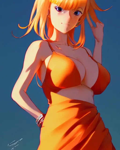 Image similar to blond woman in an orange ripped mini dress, by artgerm, by studio muti, greg rutkowski makoto shinkai takashi takeuchi studio ghibli