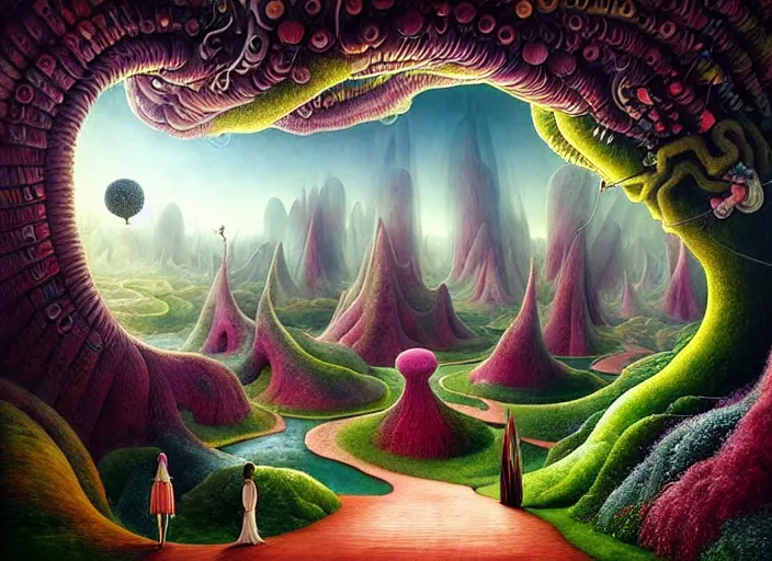 Prompt: a beguiling epic stunning beautiful and insanely detailed matte painting of the impossible winding path through imaginary worlds with surreal architecture designed by Giuseppe Arcimboldo, mega structures inspired by Heironymous Bosch's Garden of Earthly Delights, vast surreal landscape and horizon by Asher Durand and Cyril Rolando and Natalie Shau and Ernst Fuchs, colorful otherworldly trees, masterpiece!!!, grand!, imaginative!!!, whimsical!!, otherworldly, epic scale, intricate details, sense of awe, elite, wonder, insanely complex, masterful composition!!!, sharp focus, fantasy realism, dramatic lighting