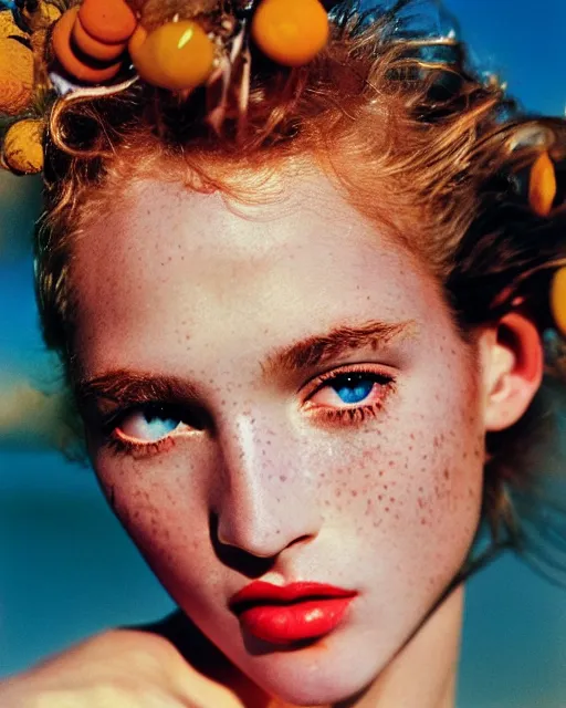 Image similar to a beautiful professional photograph by herb ritts, arthur elgort and ellen von unwerth for vogue magazine of a beautiful lightly freckled and unusually attractive female fashion model looking at the camera in a flirtatious way, zeiss 8 0 mm f 1. 8 lens