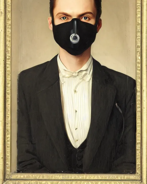 Image similar to portrait of young man wearing black medical mask, suit and tie, style of james c. christensen