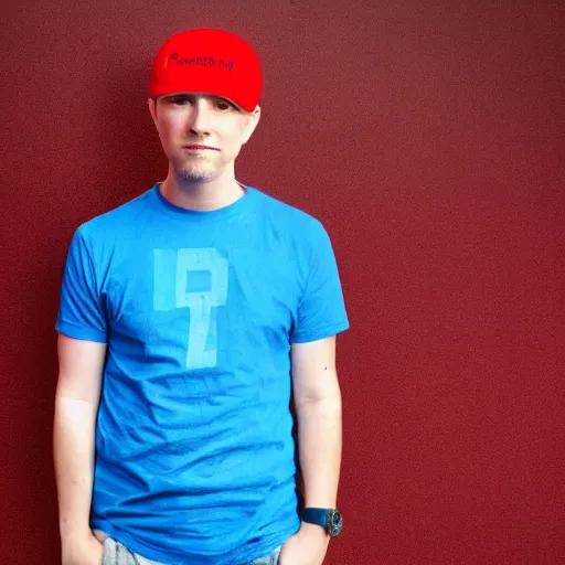 Image similar to a full body shot of an average white, short young - adult man with blue dyed hair holding a microphone, wearing a red backwards cap, white t - shirt with a red no symbol on it, blue long pants and red shoes